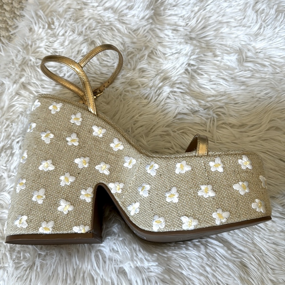 Larroude Wanda Platform Sandals in Gold Leather & Daisy Tan Raffia Rare - Picture 11 of 16